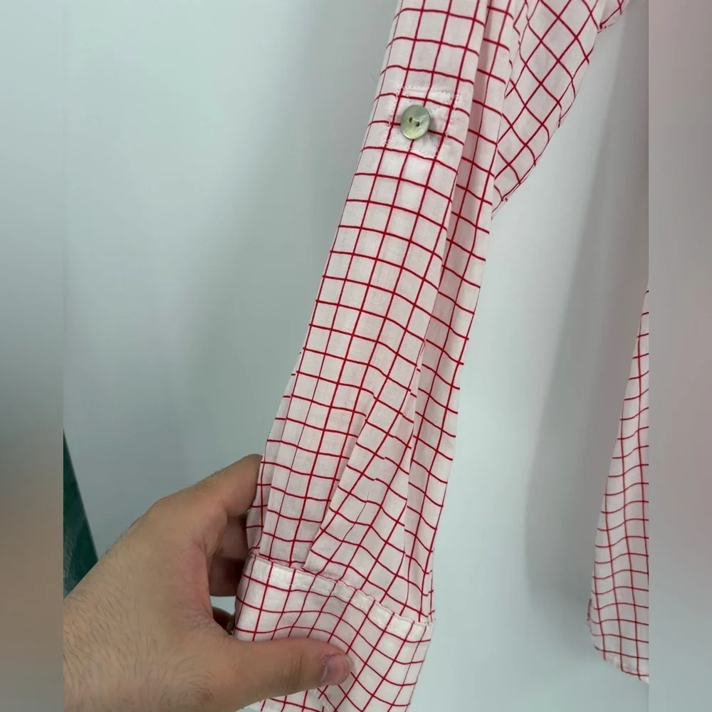 Foxcroft Women’s Blouse White Red Tencel Rolled Sleeve Gingham Button Up Size 10